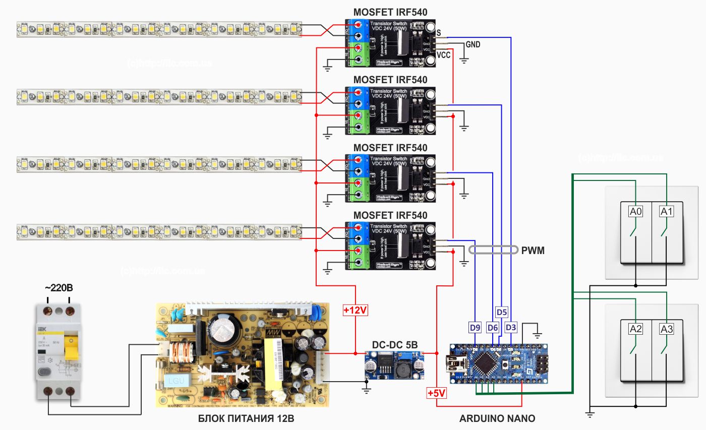 схема керування світлодіодною LED стрічкою на Arduino Nano